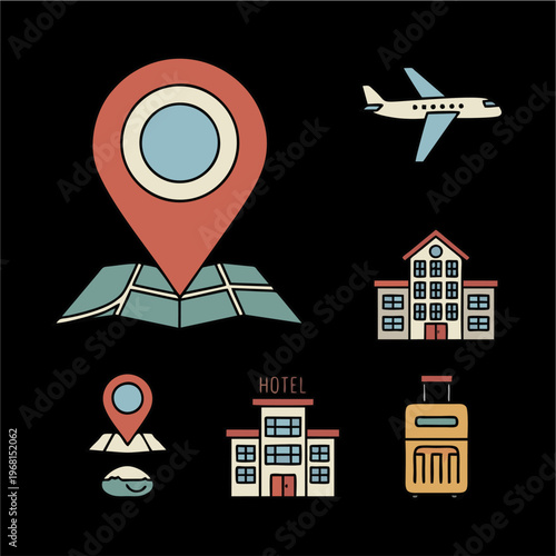Travel and tourism icons set featuring map pin airplane hotel suitcase.