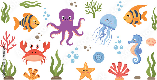 Hand-drawn Ocean Creatures with Octopus, Jellyfish, Seahorses, Fish, Crabs, and Starfish for Underwater and Marine Life Illustrations
