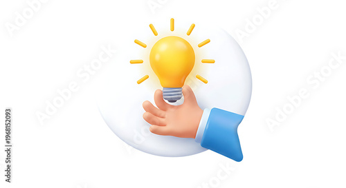 Foto 3D Hand Holding Light Bulb in Speech Bubble Icon for Idea Innovation and Strateg
