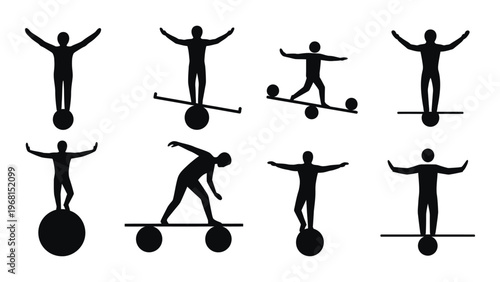 A collection of black silhouettes depicting people balancing on spheres and planks showcasing dynamic poses silhouette high quality professional detailed modern