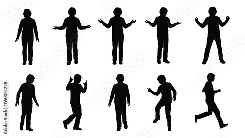 A collection of nine black silhouettes depicting children in various poses and activities demonstrating youthful energy silhouette high quality professional detailed
