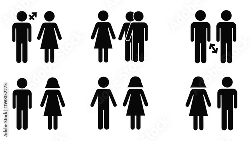 A collection of simple black stick figure silhouettes depicting various genders and pairings arranged in a grid silhouette high quality professional