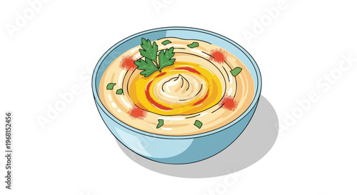 Appetizing hand-drawn illustration featuring a bowl of authentic creamy hummus, artfully garnished with golden olive oil, fresh parsley, and a hint