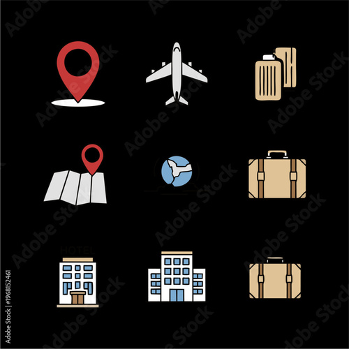 Travel and tourism icons set with airplane, luggage, map, and hotel buildings.