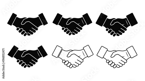 A collection of six black handshakes depicted in various orientations representing agreement and partnership silhouette high quality professional detailed modern elegant