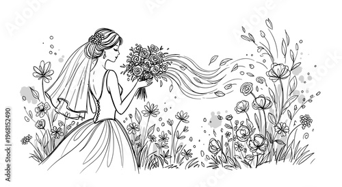 Elegant bride holding bouquet in a whimsical garden, surrounded by blooming flowers, in a detailed black and white illustration with flowing lines and graceful design