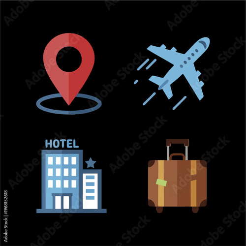 Travel and tourism icons set with location pin, airplane, hotel, and luggage.