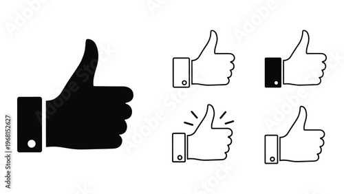 A collection of black thumbs up icons in varying designs and arrangements showcasing a simple bold silhouette high quality professional detailed