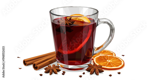 Glass mug of mulled wine with aromatic spices, cinnamon sticks, and orange slices on a white background