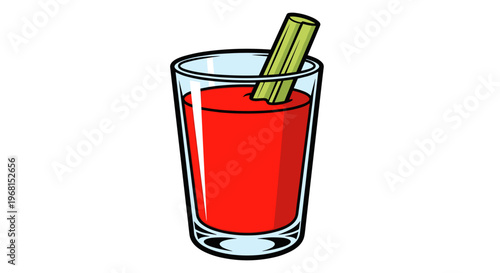 Illustration of a glass filled with vibrant red tomato juice and a celery stick, bold pop art style with clean lines and white background