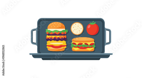 Colorful digital art displaying stacked burger classic sandwich fresh tomato and bun slice on a dark serving tray perfect for depicting delicious