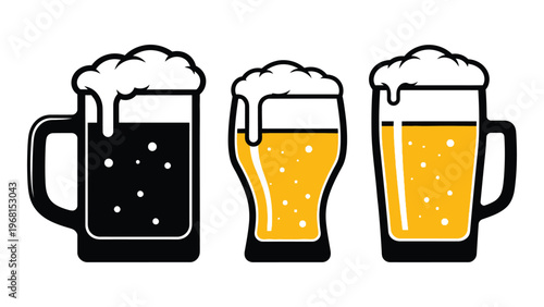 Three mugs of beer are presented in varying shades from dark stout to golden lager a striking silhouette high quality professional