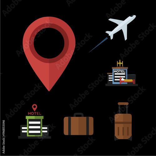Travel and tourism icons set with location pin airplane hotel and luggage.