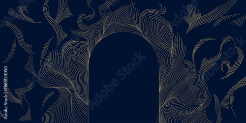 Elegant gold arch frame, ornate Art Nouveau line details on a dark background. Premium vector design with decorative swirls, floral elements, vintage aesthetic, perfect for invitations, banners