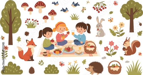 Hand-drawn Picnic Scene with Children, Animals, Trees, Flowers, Mushrooms, and Nature for Outdoor and Spring Illustrations