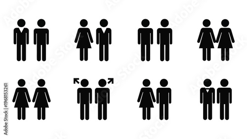 A collection of simple black stick figure silhouettes depicting various people and couples arranged in a grid silhouette high quality professional