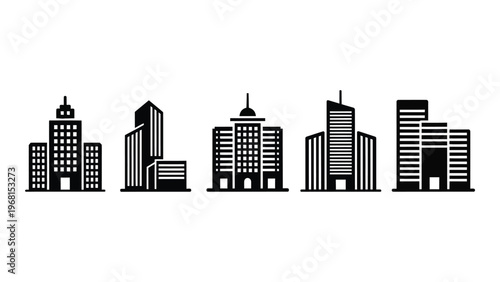 A row of modern city buildings are depicted in a minimalist black style presenting a striking skyline silhouette high quality professional