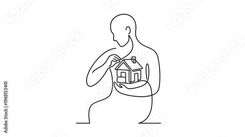 Person Building Safe House Inside Chest, Creating Inner Safety Concept, Continuous Line Art