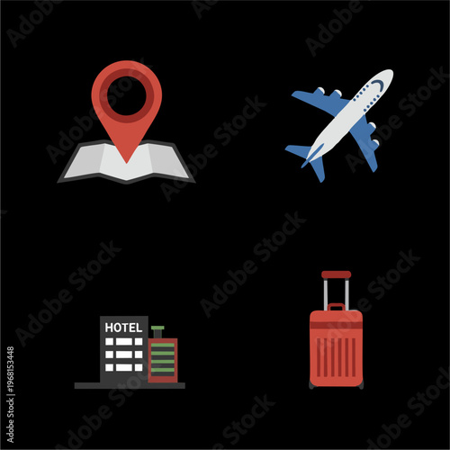 Travel and tourism icons set with map pin airplane hotel and luggage.