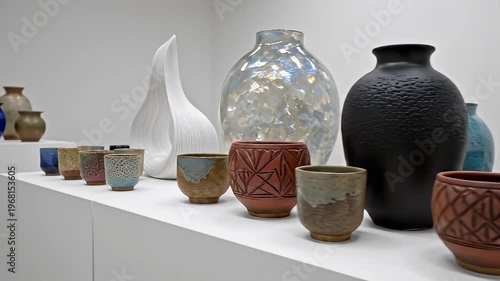 Pottery Vessels Arrangement Displaying Textured Ceramics in Minimal Gallery Setting