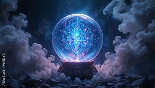 Glowing crystal ball on ornate stand surrounded by clouds and rocks at night with blue lights