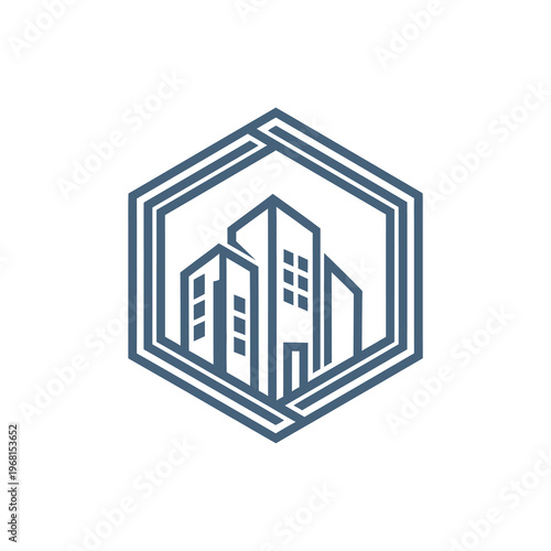 Modern City Buildings within Hexagon Outline Logo Design.