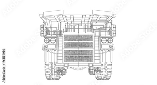Detailed blueprint of a massive mining dump truck, rear view.