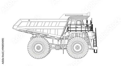 Detailed blueprint of a massive mining dump truck for heavy industry.