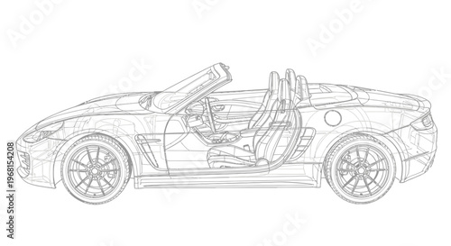 Detailed Line Art Drawing of a Modern Convertible Sports Car.