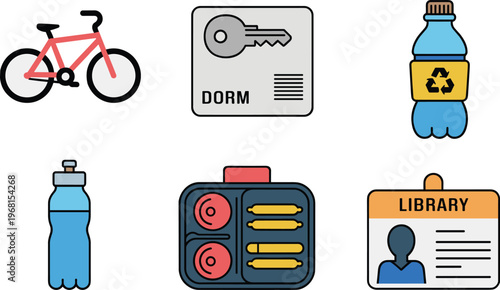 Student essentials, bicycle, dorm key, recycling bottle, water, lunchbox, library card, education, campus life, study, sustainability, housing