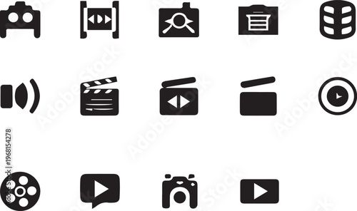 A collection of black and white icons representing various aspects of video production and media creation.