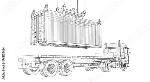 Detailed line drawing of a shipping container being loaded onto a flatbed truck.