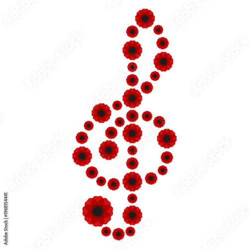 Floral Treble Clef isolated transparent background. Modern Treble Clef made from red poppy flowers. Perfect for musical school poster banner schedule cover template design. Vector illustration.