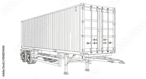 Detailed outline drawing of a large shipping container on a trailer.