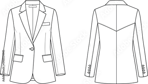 Elegant women blazer technical fashion flat sketch front and back view, formal jacket apparel design template, clothing outline illustration isolated on background