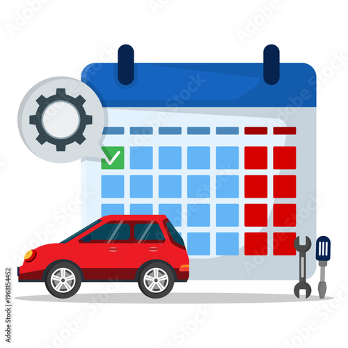 Calendar featuring a red car and repair tools, perfect for automotive or mechanical business promotions. Automotive workshop monthly planner design.