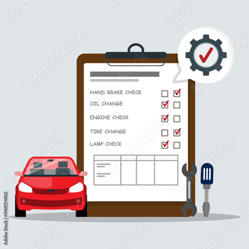 Car maintenance checklist image featuring tools and a vehicle. Ideal for automotive blogs, mechanic shops, and vehicle maintenance guides.