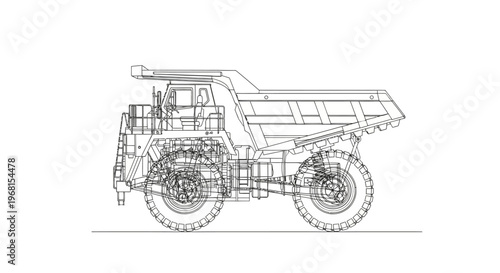 Detailed Wireframe Blueprint of a Heavy-Duty Mining Dump Truck.