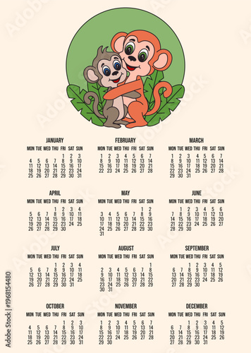 Calendar. 2027 vertical Calendar layout. Vector illustration of 2027 Calendar with adorable Punch Monkey child and mom EPS 10