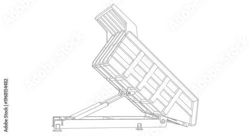 Detailed technical drawing of a hydraulic dump truck bed in action.