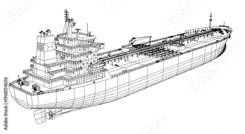 Detailed wireframe blueprint of a large cargo tanker ship.