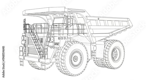 Detailed Wireframe Blueprint of a Large Mining Dump Truck.