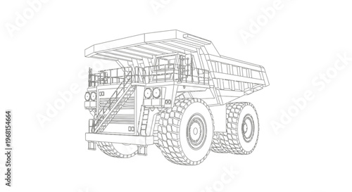 Detailed Wireframe Blueprint of a Large Mining Dump Truck.