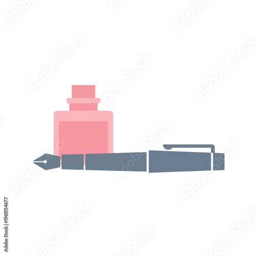 Slate Grey Fountain Pen and Pink Ink Bottle Vector