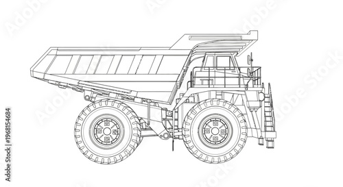 Detailed Wireframe Blueprint of a Large Mining Dump Truck.