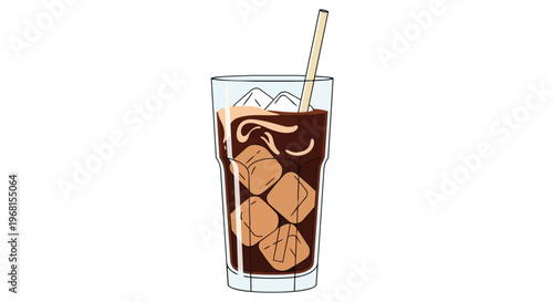 Visual of a tall glass holding a dark, refreshing beverage, featuring ice cubes and a simple straw, suggesting a perfect cool down moment for all time