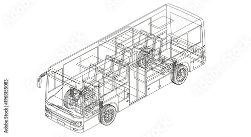 Detailed wireframe blueprint of a modern passenger bus vehicle.