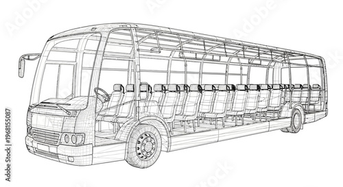 Detailed Wireframe Blueprint of a Modern Passenger Bus for Transportation.