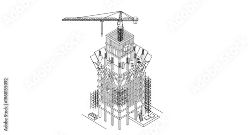 Detailed Wireframe Blueprint of a Modern Skyscraper Under Construction with Crane.