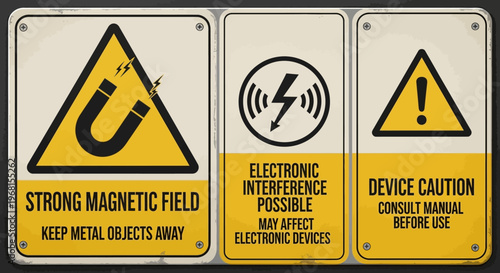 Set of three yellow square warning signs, including strong magnetic field, electronic interference possible, and device caution with manual instructions, on a light grey background.